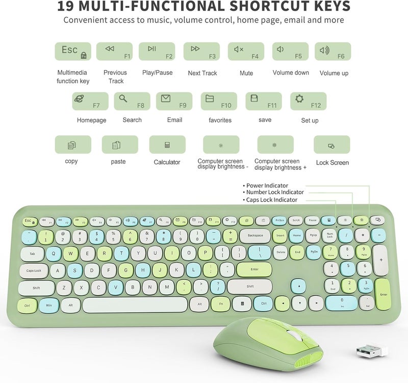SkyGive Wireless Keyboard and Mouse Combo, Colorful Ergonomic Full Size Retro Low-Noise Keyboard with Cute keycaps, Compatible with Windows, PC, Perfer for Home and Office Keyboards (Green) - Image 3